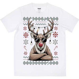 Funny Reindeer Christmas Ully Sweater Print Graphic Tee Shirt Green Red White